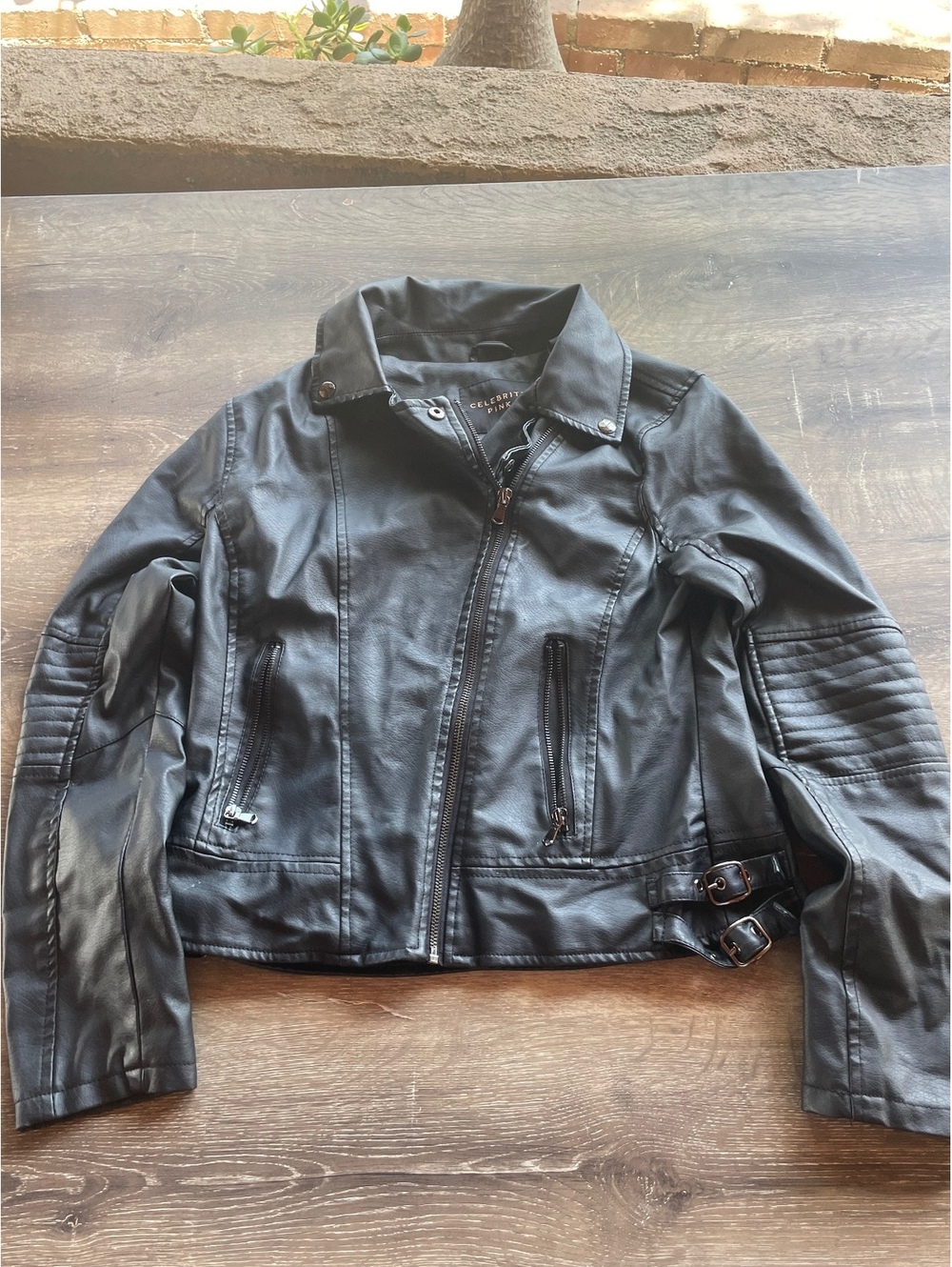 Celebrity Pink Black Faux Leather Biker Jacket Medium